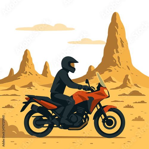 A motorcyclist rides across the desert near Trona Pinnacles in California, USA