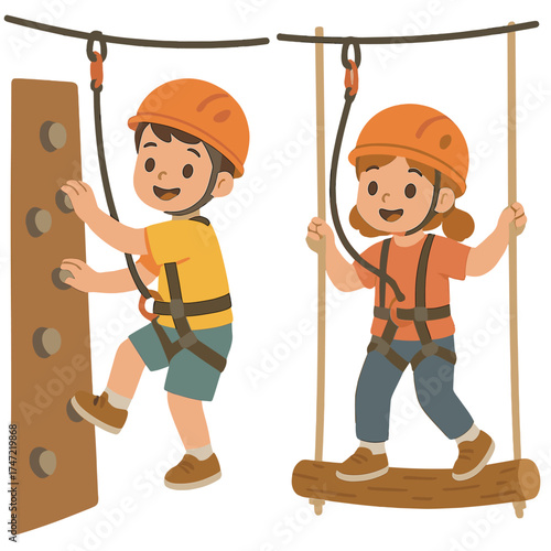 Adorable kids—a boy and a girl—are rock climbing or navigating obstacles along the rope trail in an adventure park