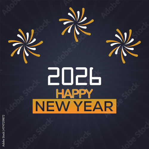 Happy New Year 2026 greeting card featuring elegant stylized orange and white fireworks explosion on dark radial background, perfect for celebration invitations and festive design