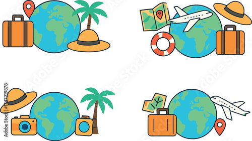 A flat‑style set of travel and tourism covers featuring world map navigation, summer holiday journeys, worldwide exploration, and vector illustration