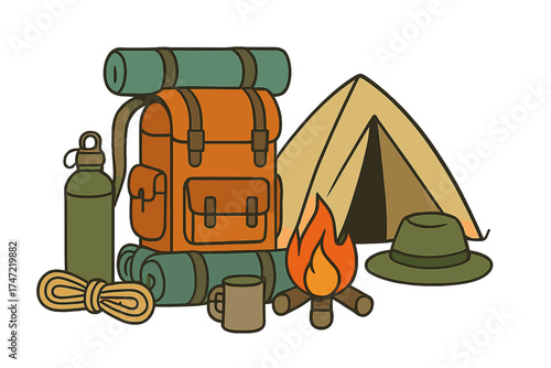 Outdoor hiking backpack and camping gear displayed on a grungy wall
