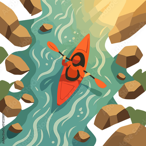 From an aerial perspective, extreme sport kayakers glide down a sunlit mountain river, engaging in rafting and whitewater kayaking, powered by Generation AI