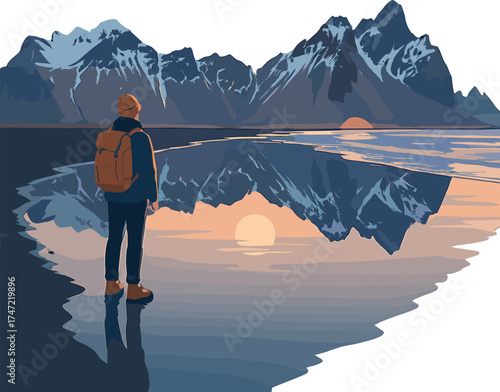 A tourist stands on the shore, watching the striking reflection of Vestrahorn mountain at Cape Stokksnes, Iceland, as the sunrise paints the horizon, while the snow‑capped peaks shimmer beautifully
