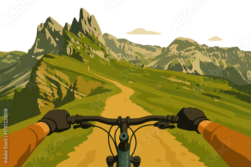 A first-person view of a man mountain biking down a dirt road on Seceda mountain, located in Puez Odle, Trentino, Dolomites, Italy
