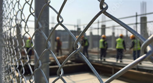 Construction site worker silhouette behind metallic chain link fence during daylight. Workers in safety vests engage in building activities behind the fence,