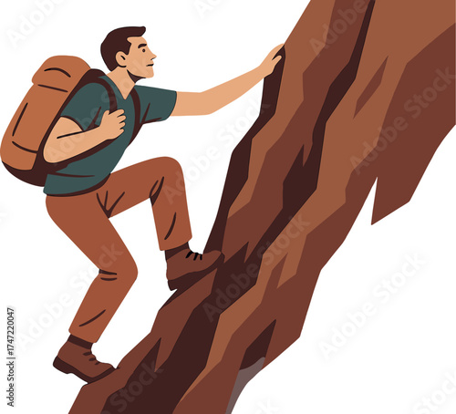 A male hiker ascends a steep mountain cliff, embodying risk, motivation, and the spirit of outdoor adventure