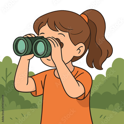 A close‑up portrait of a young girl peering through binoculars, searching for imagination or adventure on a sunny park day, as she plays a pretend safari game outdoors in the forest