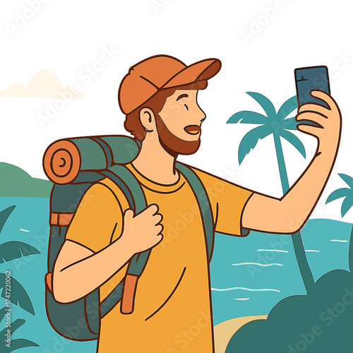 A youthful male hipster traveler takes a selfie while gazing at the tropical sea, embodying adventure, vacation, wanderlust, and the concept of internet technology