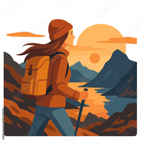 A solo female traveler survives hiking in the Norwegian mountains, embracing an active outdoor lifestyle amid sunsets and extreme adventure