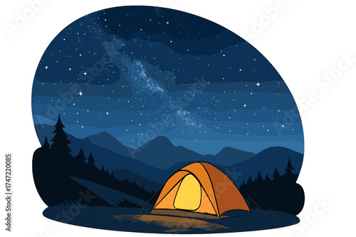 Under the stars in the mountains, a tent is pitched and glowing beneath the Milky Way, captured as a photo composite