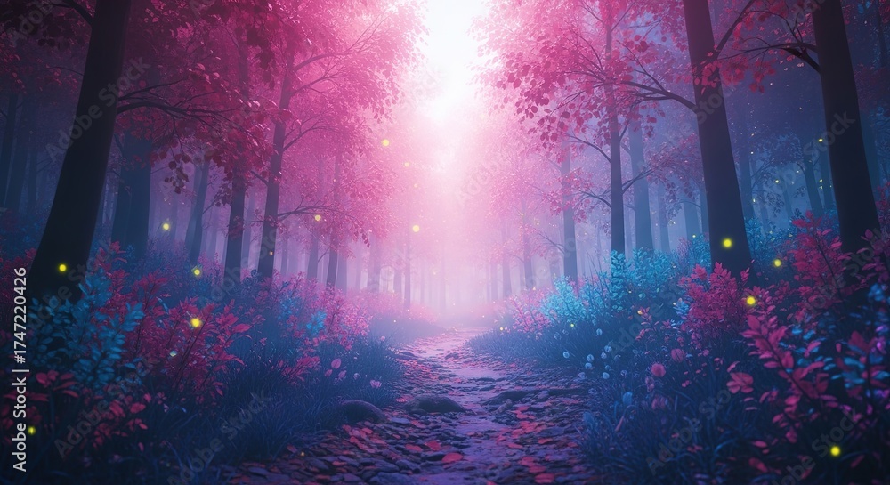 Fototapeta premium Enchanted Forest Path Illuminated by Ethereal Pink and Blue Light with Glowing Fireflies.