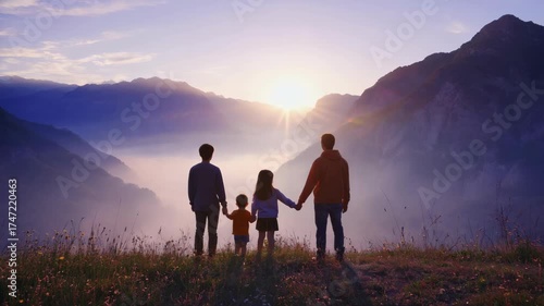 A family of four watches the sunset on a mountain top, overlooking a valley below.