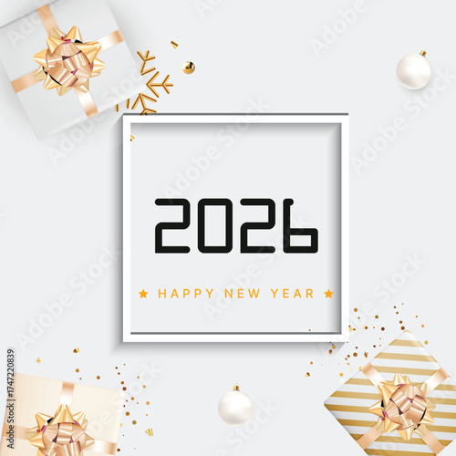 Minimalist Happy New Year 2026 greeting card template featuring clean square frame with modern typography and golden gift boxes on light gray background for festive celebrations