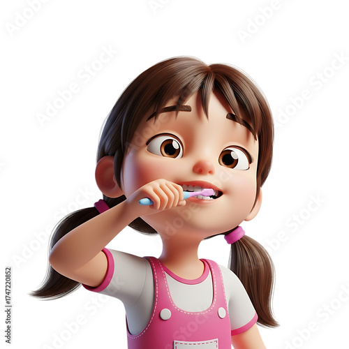 Cartoon girl, with brown pigtails brushing her teeth with a pink toothbrush, cutout, PNG isolated on white or transparent background