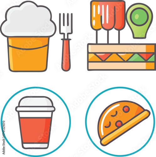 Collection of four flat design icons representing fast food and drinks including a bucket of fried chicken a drink cup pizza slice and drinks with a condiment dispenser