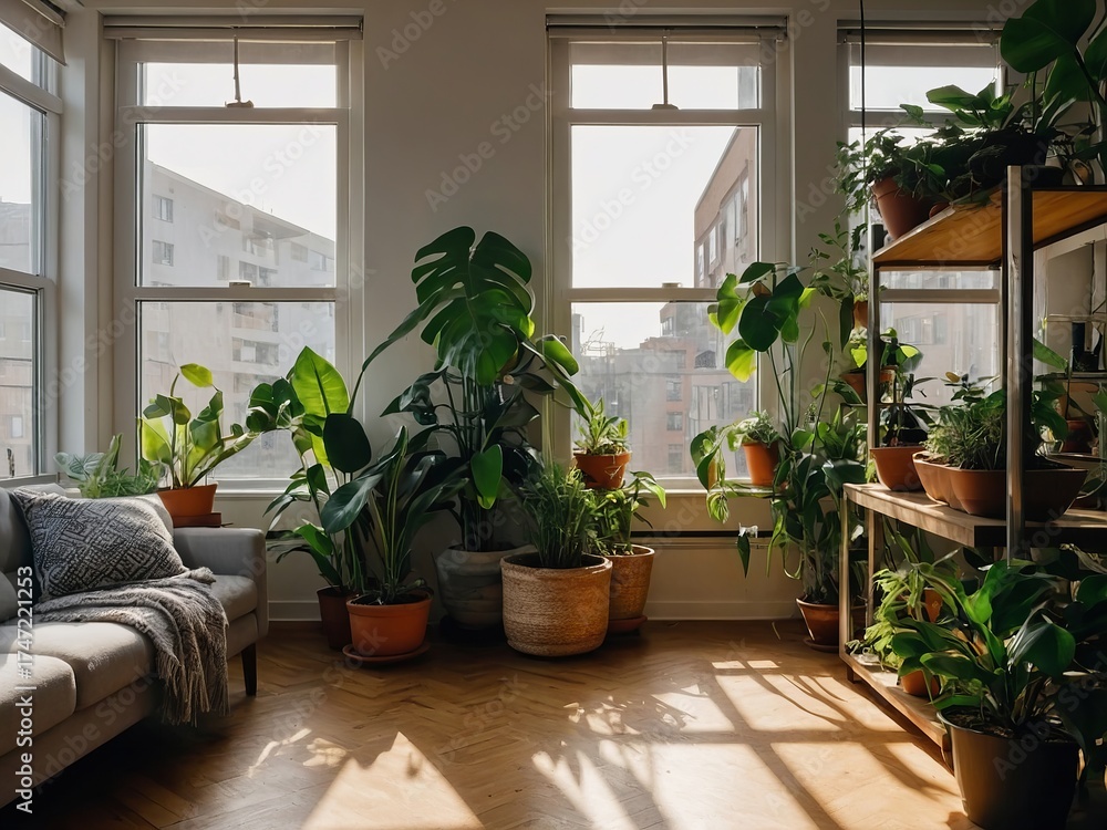 Fototapeta premium Scandinavian-Inspired Apartment — Plant-Filled Home Interior with Soft Natural Lighting