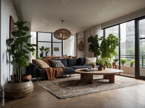 Urban Jungle Apartment — Bright Living Room with Houseplants and Modern Furniture