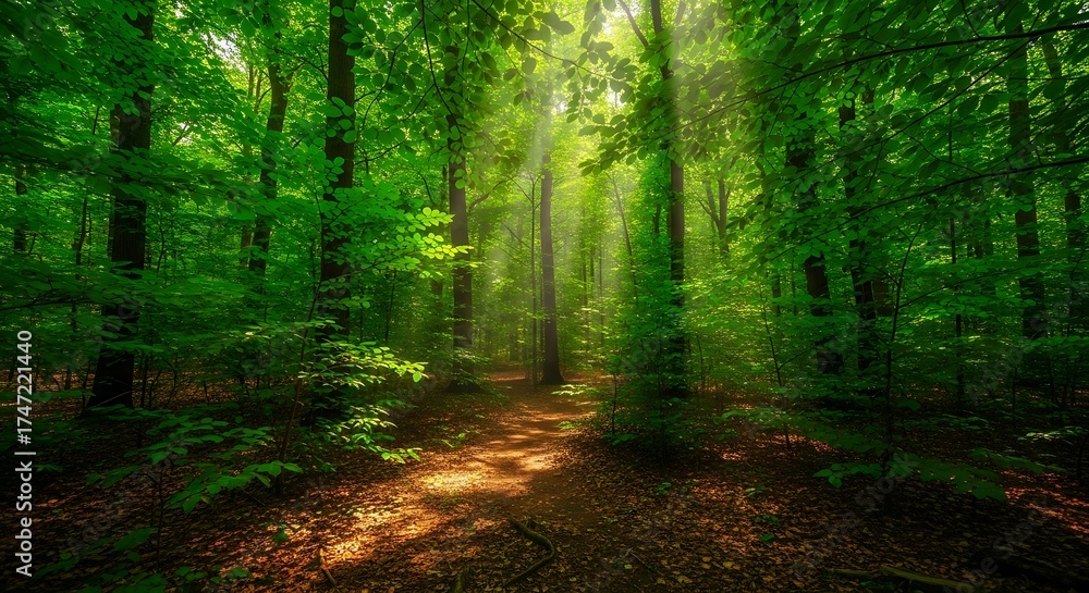 Obraz premium Sunlight filtering through a lush green forest with tall trees and a path.