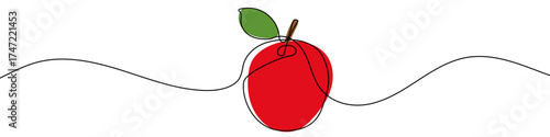Apple in one line art style. Whole apple with a stem and leaf drawing with editable black stroke and color on white background. Vector illustration.