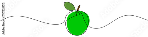 Green apple in one line art style. Whole apple with a stem and leaf drawing with editable black stroke and color on white background. Vector illustration.