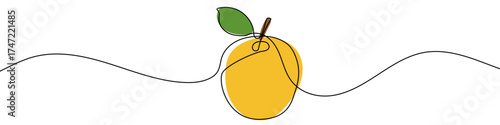 Apple in one line art style. Whole yellow apple with a stem and leaf drawing with editable black stroke and color on white background. Vector illustration.