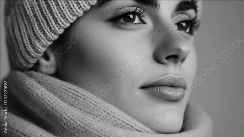Peaceful woman with eyes closed, lips slightly parted; wearing beanie and scarf; could imply relaxation or meditation
