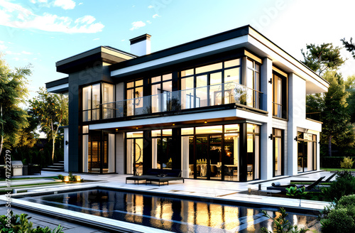 A sleek modern house features expansive glass windows and a tranquil pool, surrounded by lush greenery, captured during the warm light of golden hour