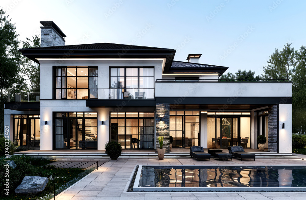 Fototapeta premium A modern villa showcases elegant architecture, large windows, and a stylish swimming pool at dusk, surrounded by greenery and a peaceful ambiance