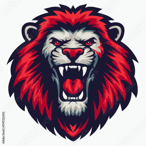 Fearsome lion head roaring fiercely with sharp teeth and a fiery red mane, a symbol of strength, courage, and leadership for branding and designs