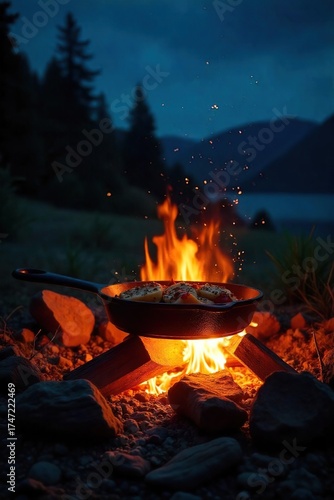 Campfire Cookout Cast Iron Skillet Sizzling Under a Starry Night Sky ? Perfect for Adventure, Camping, and Outdoor Cooking Themes