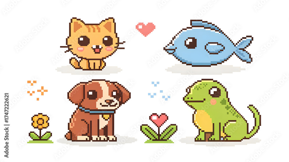 Obraz premium Pixel Animal Set on White Background cat, dog, bird, fish, and frog icons, simple shapes, cute clean outlines