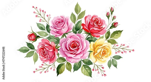 Watercolor bouquet of pink red and yellow roses isolated on white background