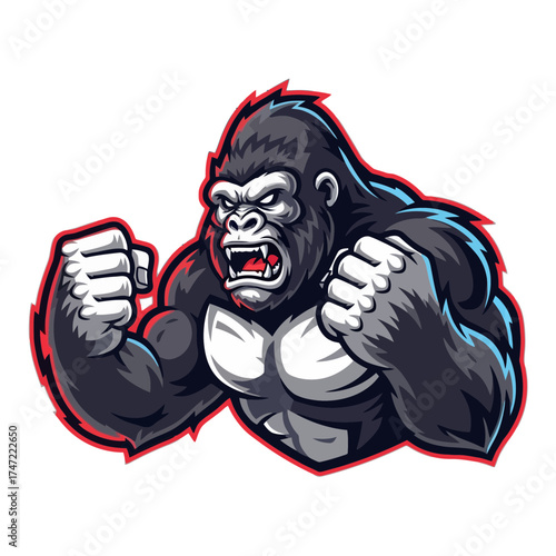 Fierce gorilla mascot displaying power and aggression, suitable for sports teams, gaming brands, or edgy apparel designs, exuding intensity and strength