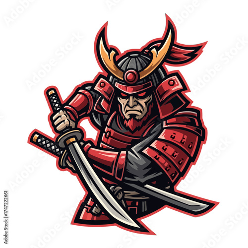 Fierce samurai warrior with dual katana swords ready for battle, embodying power, strength, and tradition in dynamic esports team logo or martial arts emblem