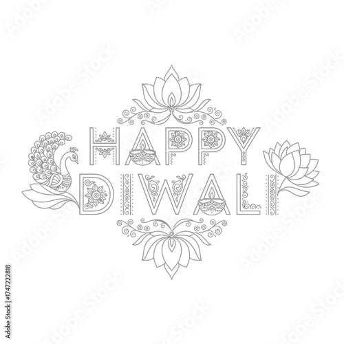 Delicate Happy Diwali Wishes with Lotus Flowers and Peacock Elements, Perfect for Festive Greetings and Celebrations, Originally a Scalable Vector Graphic
