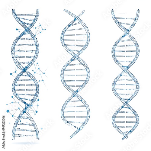 A digital illustration depicting three double helix DNA structures with splashes and lines on a simple background from a straightforward viewpoint