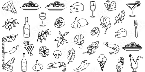 Wallpaper Mural Illustrated Culinary Journey Pizza Pasta Olives Wine Lemon Shrimp Cocktail Gourmet Delights Delicious Food Drink Icons Torontodigital.ca