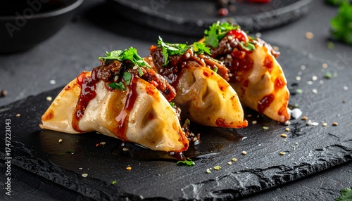 Delicious pan-fried dumplings, generously drizzled with a rich sauce and sprinkled with fresh herbs and spices, presented on a dark slate platter.