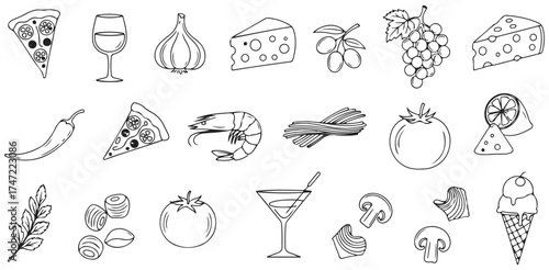 Culinary Delights Collection Pizza Wine Shrimp Cheese Tomato and Sweet Treats in a Line Art Foodie Feast Culinary