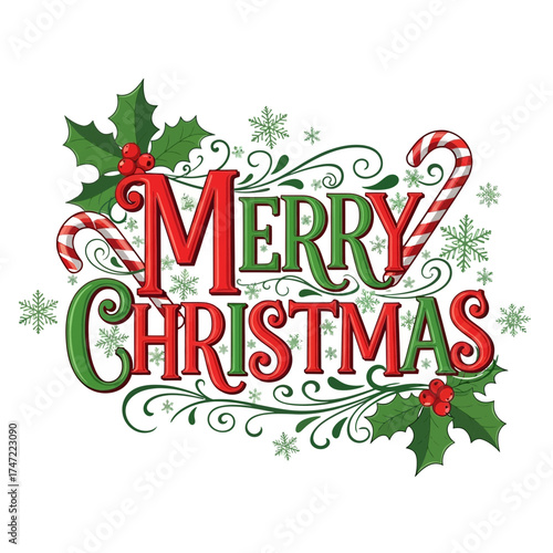 Festive Merry Christmas lettering design with candy canes, snowflakes and holly, joyful holiday season art for greeting cards and winter promotions