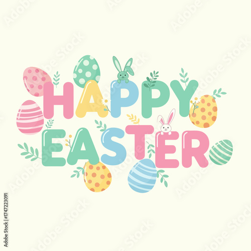 Festive Happy Easter greeting design with bunnies and colorful eggs, perfect for spring celebrations and holiday promotions, offering a cheerful, vibrant touch