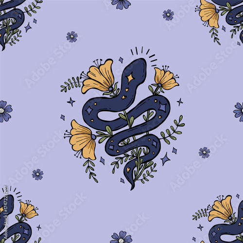 Mystical Snake with Flowers Plants on violet background. Magical dark Kundalini. Color Textured Hand Drawn Doodle for magic, esoteric, mysterious design. Vector Illustration. Not AI