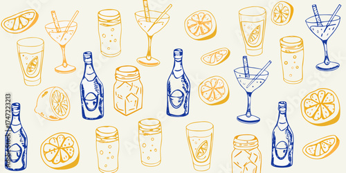Hand drawn seamless pattern of refreshing summer drinks and citrus fruits in blue and yellow colors