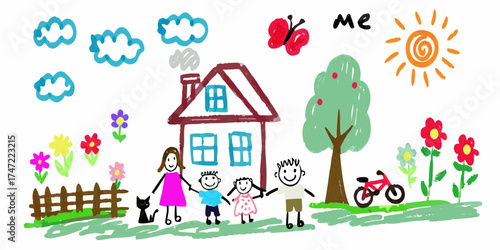 Childs drawing of a happy family holding hands in front of their home with a tree and flowers