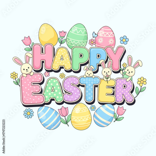 Celebrate Easter with this adorable, cheerful design featuring bunnies, colorful eggs, and flowers, perfect for springtime greetings and joyful holiday fun