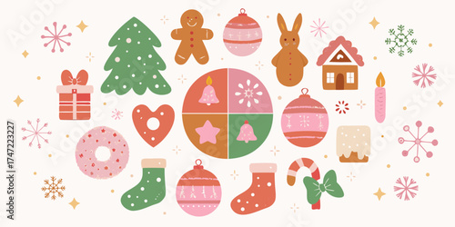 Whimsical christmas elements in pastel colors arranged in a festive pattern for holiday design