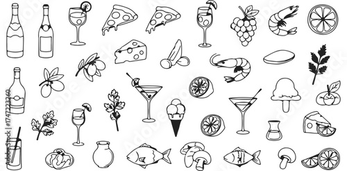 Artistic Seamless Pattern Food And Beverage Items Drinks Cocktails Martini Pizza Cheese Grapes Fish Ice Cream Lemon and