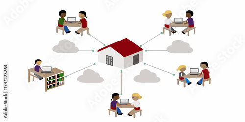 Diverse group of people working remotely connected to a central house via cloud technology