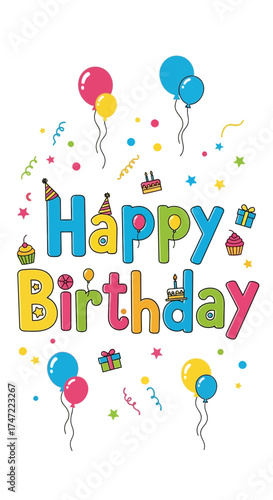 Celebrate with this joyful Happy Birthday design featuring festive balloons, stars, confetti, and gifts for birthday cards and party decorations