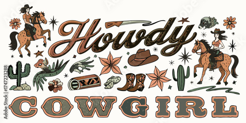 Howdy cowgirl text with western elements and horses on a white background